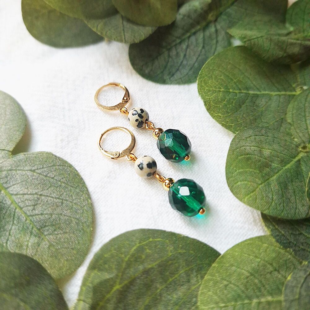 Dalmatian Jasper & Green Glass Earrings – Boho Drop Earrings, 24k Gold Plated